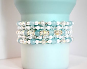 Seafoam Bracelet Collection: Light Blue and Crystal Beaded Bracelets with Silver Accents