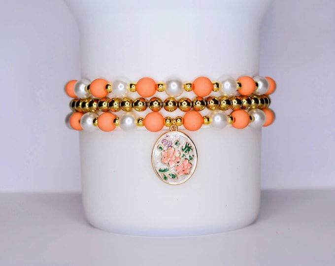 Peach Gold Flower Charm Tumbler Bracelets, Set of 3