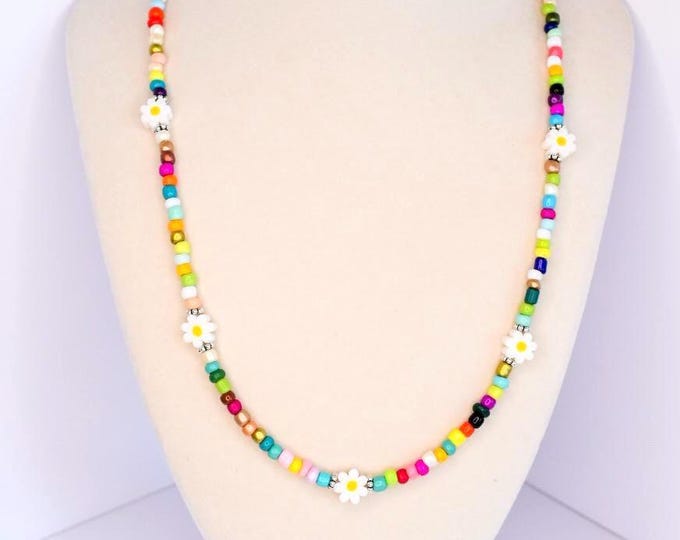 Rainbow Beaded Necklace: Y2K Daisy Accent, Summer Jewelry, Necklace for Layering