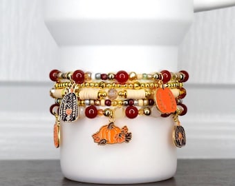 Red, Cream and Gold Fall Charm Bracelet Collection with Gold Accents