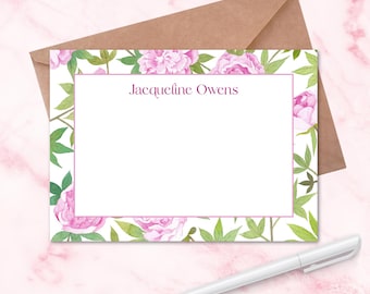 Personalized Name Stationary Watercolor Pink Peony Design | Editable Canva Template