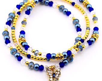 Blue and Gold Butterfly Charm Bracelet Stack - Set of 3 Beaded Bracelets
