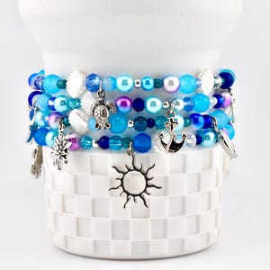 Coastal Charm Bracelet Collection: Teal Blue and Silver Beaded Bracelets with Beach Charms