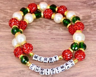 Merry Christmas Letter Bead Bracelet Stack - 2 Piece Set
