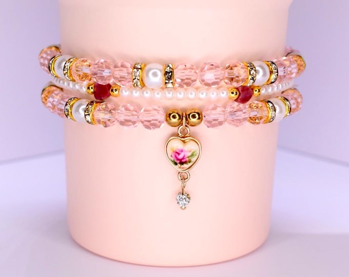 Pink Conch Floral Bracelet Stack for Tumbler or Wrist: Pearl, Crystal and Rose Charm