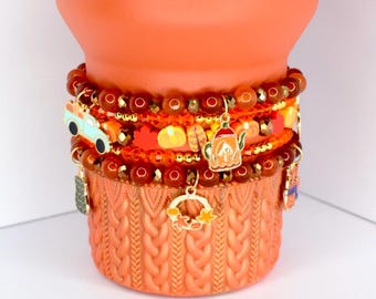 Fall Bracelet Stack: Pumpkin Spice Charm Bracelets for Tumbler or Wrist, Thanksgiving Accessories