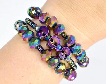 Skull Beaded Bracelet Stack of 3: Iridescent Crystal, Gothic Punk Jewelry