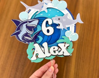 shark party cake topper; shark birthday topper; ocean birthday theme topper, shark cake topper