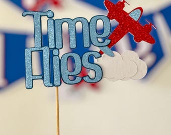 time flies cake topper; airplane first birthday decor; airplane birthday decor; adventure cake topper; first flight; retro plane topper