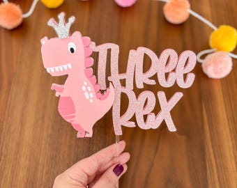3 rex cake topper, three rex cake topper, t-rex cake topper, pink dinosaur cake topper