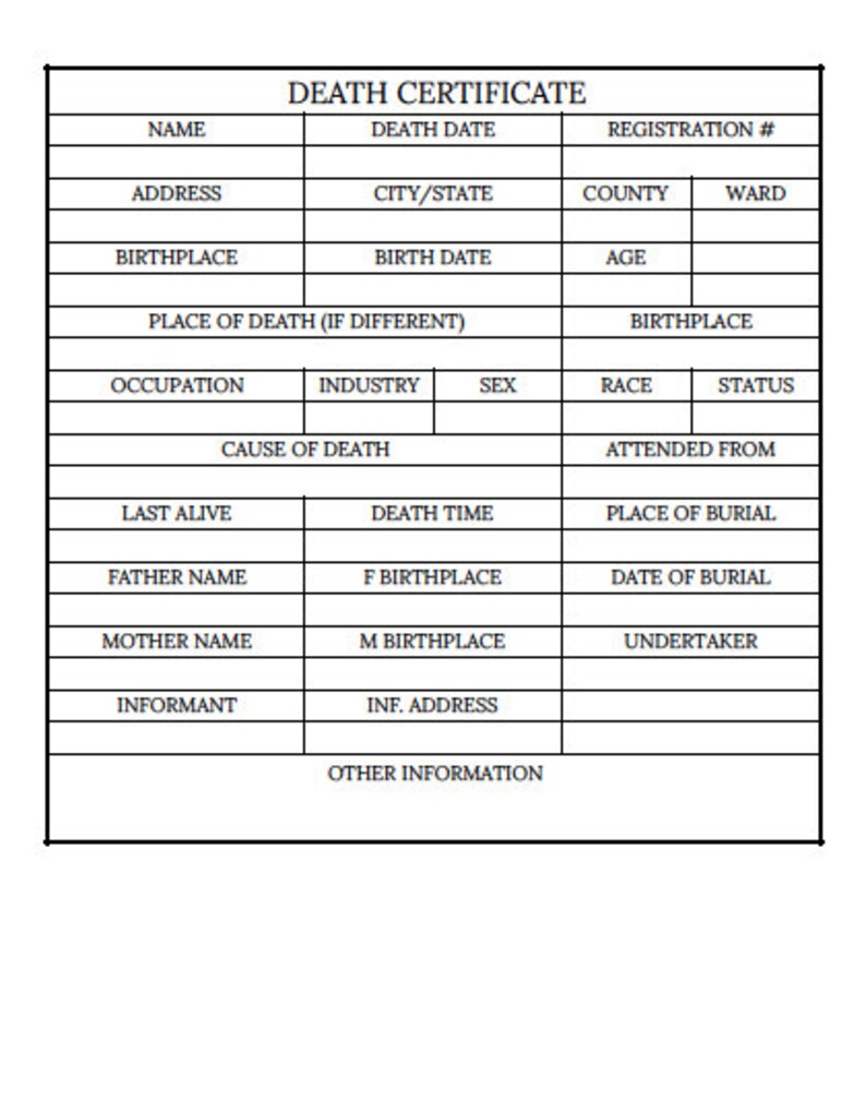 Fillable Death Certificate for Ancestry Genealogy Research Printable