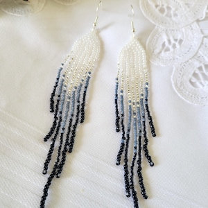 Transparent, Silver, Grey and Black Seed Bead Fringe Earrings