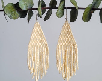 Cream seed bead fringe earrings, beaded earrings