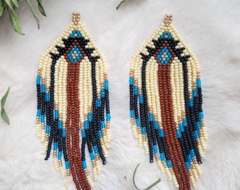 Geometric detailed seed bead fringe, beaded cream, brown, turquoise earrings