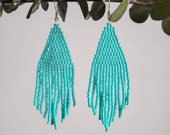 Turquoise beaded fringe earrings, seed bead earrings