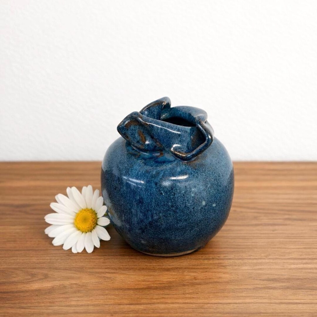 Bud Vase – Artisan Signed– Hand Thrown-sculptural Folded Rim – Blue ...