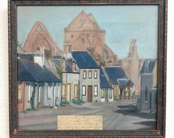 Sweetheart Abbey Pastel Painting – Scottish Landmark, Original Framed Art (c. 1915-1925)