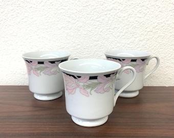 Jingdezhen Tea Cups Set – Pink Lavender Floral Black Band Pagoda Mark