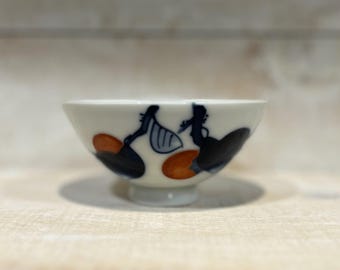Cuenco de arroz japonés – Motivo azul y rojo pintado a mano – Estilo de mediados de siglo – Vintage