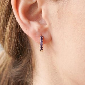 Amethyst Hoop Earrings in Gold Tone with Petite Purple Crystal Row, Minimalist Huggie Jewelry Gift for Women Daily Wear
