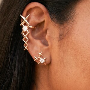 Celestial Ear Cuff Set with Gold Star Stud Earring and Crystal Accent, Single Side Jewelry for Modern Statement Looks