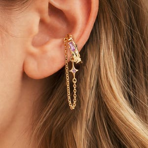 Gouden enkelvoudige oormanchet, lavendelkristallen sterketting, niet-doorboorde sieraden