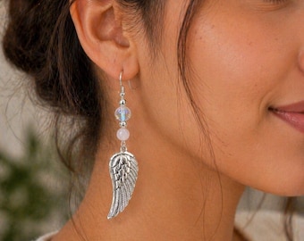 Angel Wing Earrings, Rose Quartz & Angel Aura Quartz Drop Earrings, Spiritual Jewelry, Healing Crystal Earrings, Gift for Her