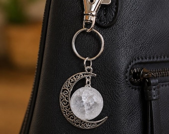 Moon Keychain Charm with Frosted Crackle Quartz Bead | Crescent Moon Purse Charm | Celestial Keychain | Moon Lover Gift | Silver  Bag Charm