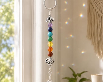Chakra Crystal Suncatcher with Clear Quartz Point, Rainbow Car Mirror Charm, Lotus Bag Charm, Window Hanging Decor