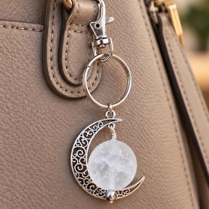 Frosted White Crackle Quartz Crescent Moon Keychain | Celestial Purse Charm | Moon Keychain | Spiritual Gift