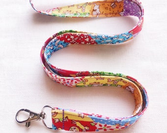 30's Print Patchwork Lanyard, Patchwork Lanyard for keys, ID Badge Holder Strap, Colorful 30's Print Lanyard, Unique, Thin Fabric Keychain