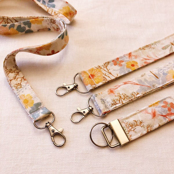 Floral Lanyard, Fabric, Cute, Teacher, Handmade, Swivel Clasp, Badge Holder, Work, ID, Cottage Core, Wristlet, Key fob, Flowers, Whimsical