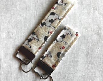 Cow and Flower Print Wristlet, Animal Wristlet for keys, ID Badge Holder Key Fob, Cute Cow Print, Unique, Thin Fabric Keychain, Cute Cow