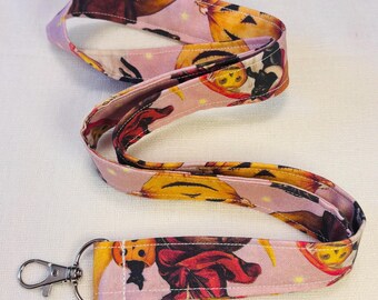 Pink Halloween Lanyard, Vintage Witch & Pumpkin Badge Holder, Spooky Fall Lanyard, Handmade Teacher Nurse Gift, ID holder, Halloween Gift