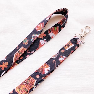 GingerBread Christmas Lanyard, Holiday Lanyard for keys, ID Badge Holder Strap, Seasonal Print Lanyard, Unique, Thin Fabric Keychain,