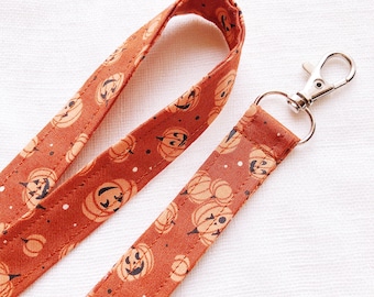 Pumpkin Lanyard, Fall Lanyard for keys, ID Badge Holder Strap, Festive Print Lanyard, Unique, Thin Fabric Keychain, Seasonal, Teacher, Cute