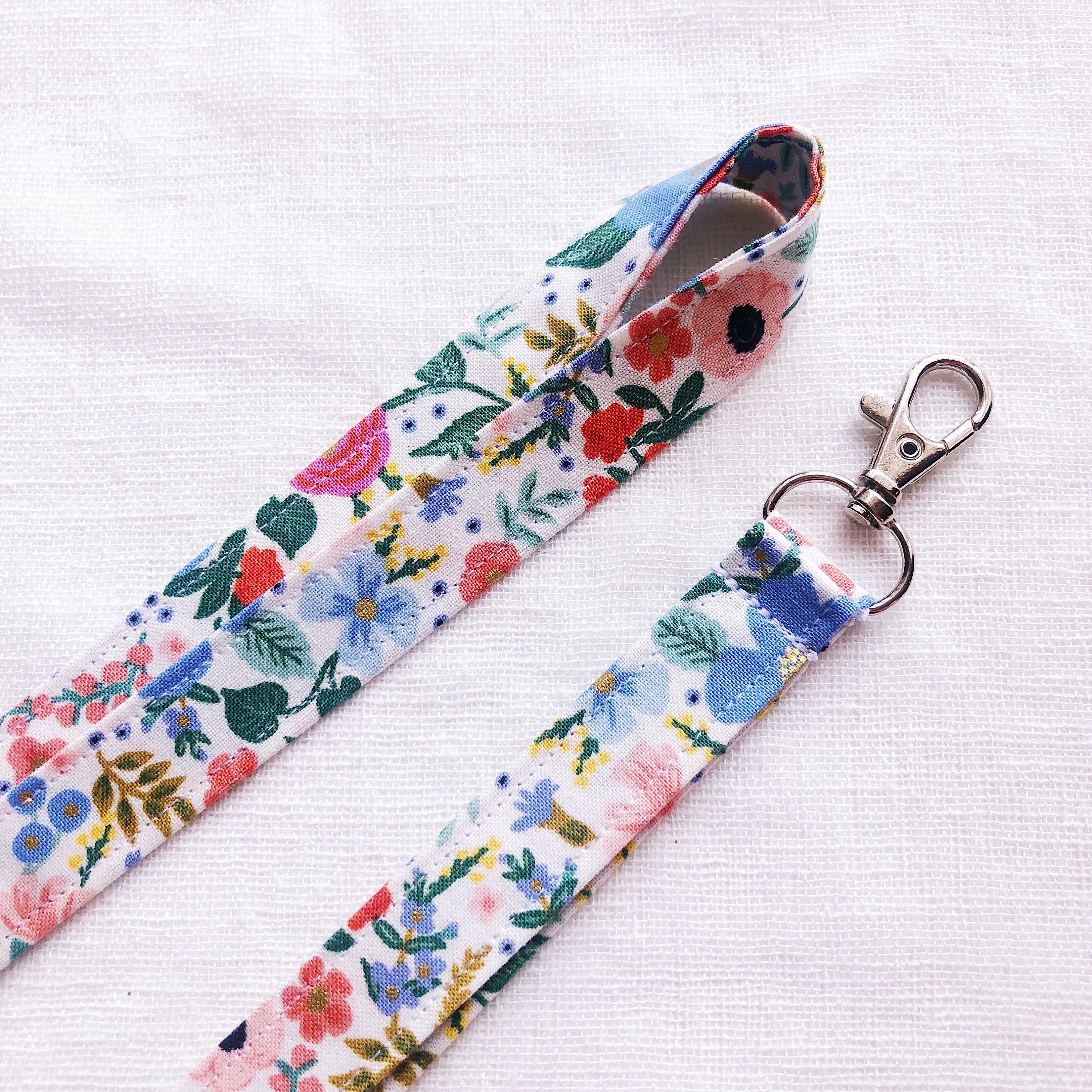 Floral Lanyard, Rifle Paper Co. Fabric,  Flower Lanyard for keys, ID Badge Holder Strap, Flowers and Leaves, Thin Fabric, Gifts under 20