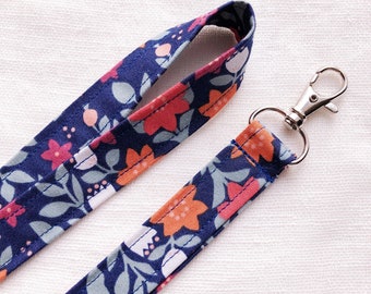 Navy Floral Neck Lanyard, Flowers with Leaves, Teacher ID Starp, 19 Inch, 3/4 Inch Wide, Floral Work ID Lanyard, Lanyard for Teacher, Gift