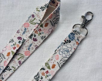 Floral Lanyard, Flower Lanyard for keys, ID Badge Holder Strap, Flowered Lanyard, Blue, Pink, Orange, Fabric Keychain , Whimsical Lanyard