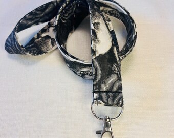 Black and White Gothic Skull Lanyard, Skull and Roses Lanyard Badge Holder ID Strap, Dark Floral, Black Flower, Alternative Teacher Nurse