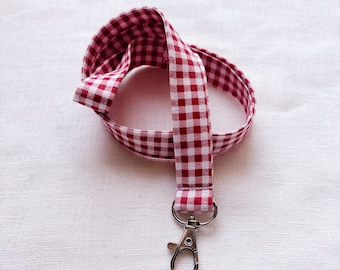 Red Gingham Lanyard, Red plaid, Red Lanyard for keys, Lanyard with clip, red plaid, red keychain strap, gingham keychain