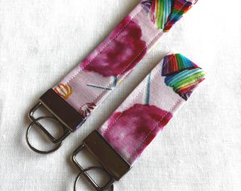 pink Candy Wristlet, Patchwork Wristlet for keys, ID Badge Holder Key Fob, Colorful Sweets Print, Unique, Thin Fabric Keychain, Cute