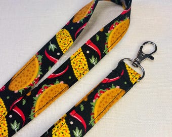 Taco Lanyard, Taco Lover Gift, Foodie Badge Holder, Handmade Fabric Lanyard, Teacher Gift, Food Decor, Badge Holder Strap, Keychain
