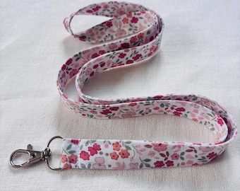Pink Floral Lanyard, Flower Lanyard for keys, ID Badge Holder Strap, Flowered Lanyard, Pink, Orange, Fabric Keychain , gift under 20, dainty