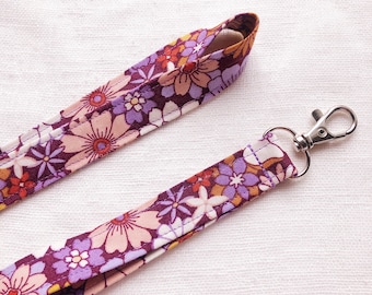 Purple Retro Floral Lanyard, Flowers, Botanical, Badge Holder, Fabric, ID, College, Teacher, Keys, Keychain, Cute, Gift, Wildflower, Violet