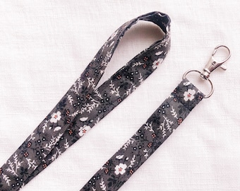 Black Floral Lanyard, Wildflower Lanyard, Cute Lanyard for Keys, Fabric Skinny Long Lanyard, ID Badge Holder Lanyard, Boho, Gifts under 20