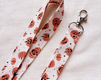Pumpkin Lanyard, Fall Lanyard for keys, ID Badge Holder Strap, Festive Print Lanyard, Unique, Thin Fabric Keychain, Seasonal, Teacher, Cute