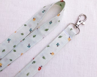 Teal Mushroom Lanyard, Cute Lanyard for keys, ID Badge Holder Strap, Cottage Core Lanyard, Toadstool, Pastel, Fabric Keychain, Gift under 20
