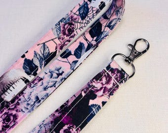 Pink Gothic Floral Lanyard, Skulls and Rose Badge Holder, Spooky Cute Gift, Handmade Teacher Nurse Gift, Halloween Lanyard Keychain