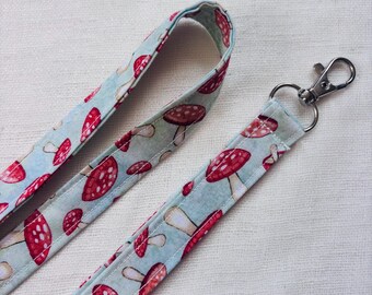 Cute Mushroom Lanyard, Blue & Red Lanyard for keys, ID Badge Holder Strap, Cottage Core Lanyard, Toadstool, Thin, Fabric, Cute gift under 20